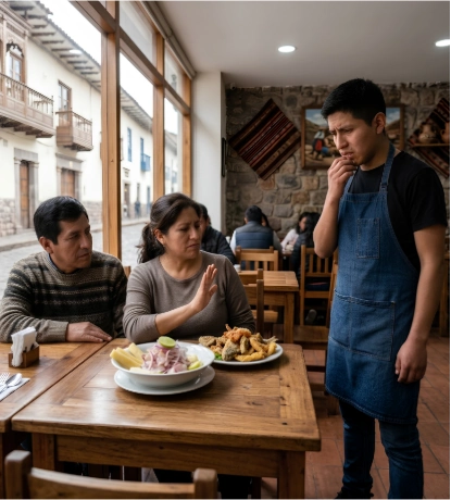 Clientes rechazando platos de mariscos entregados en mesa equivocada.