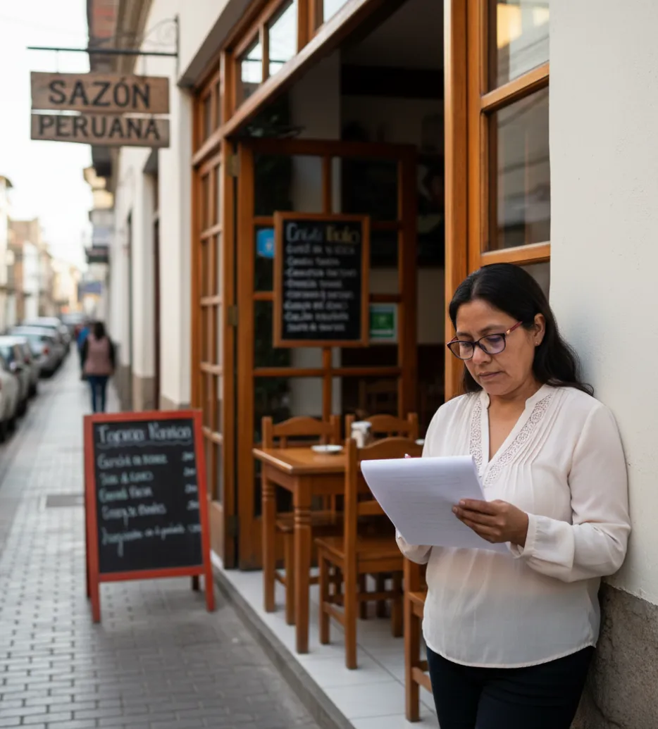 Administradora revisando lista frente a su restaurante peruano