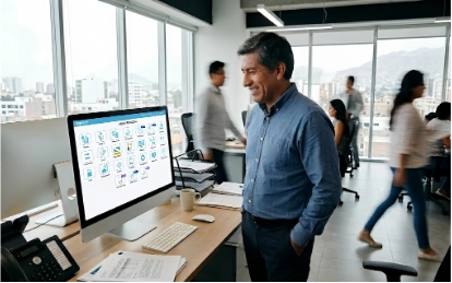 Empresario peruano revisando inventarios optimizados con un software erp a medida.
