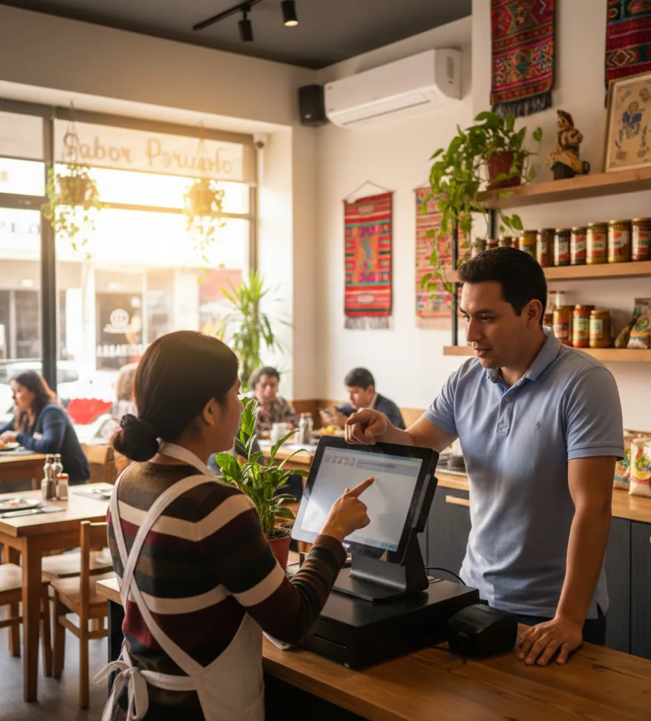 Cajera emitiendo comprobante en sistema POS de restaurante