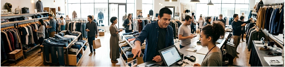 Dueño de tienda analizando la rentabilidad en un erp para pymes.