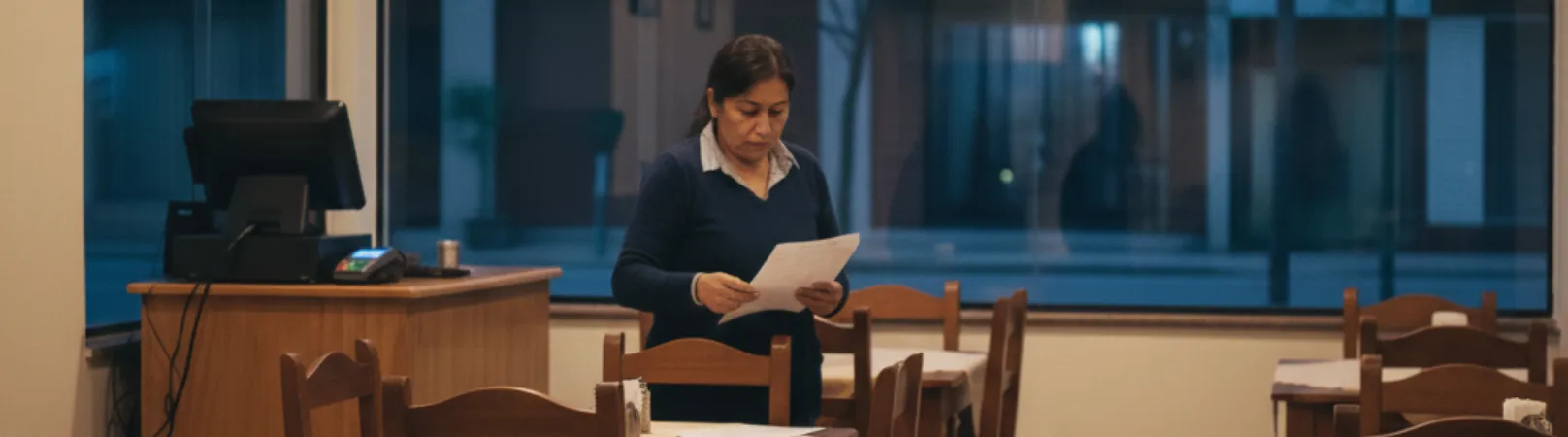 Dueña revisando cierre de turno con documentos y cuaderno