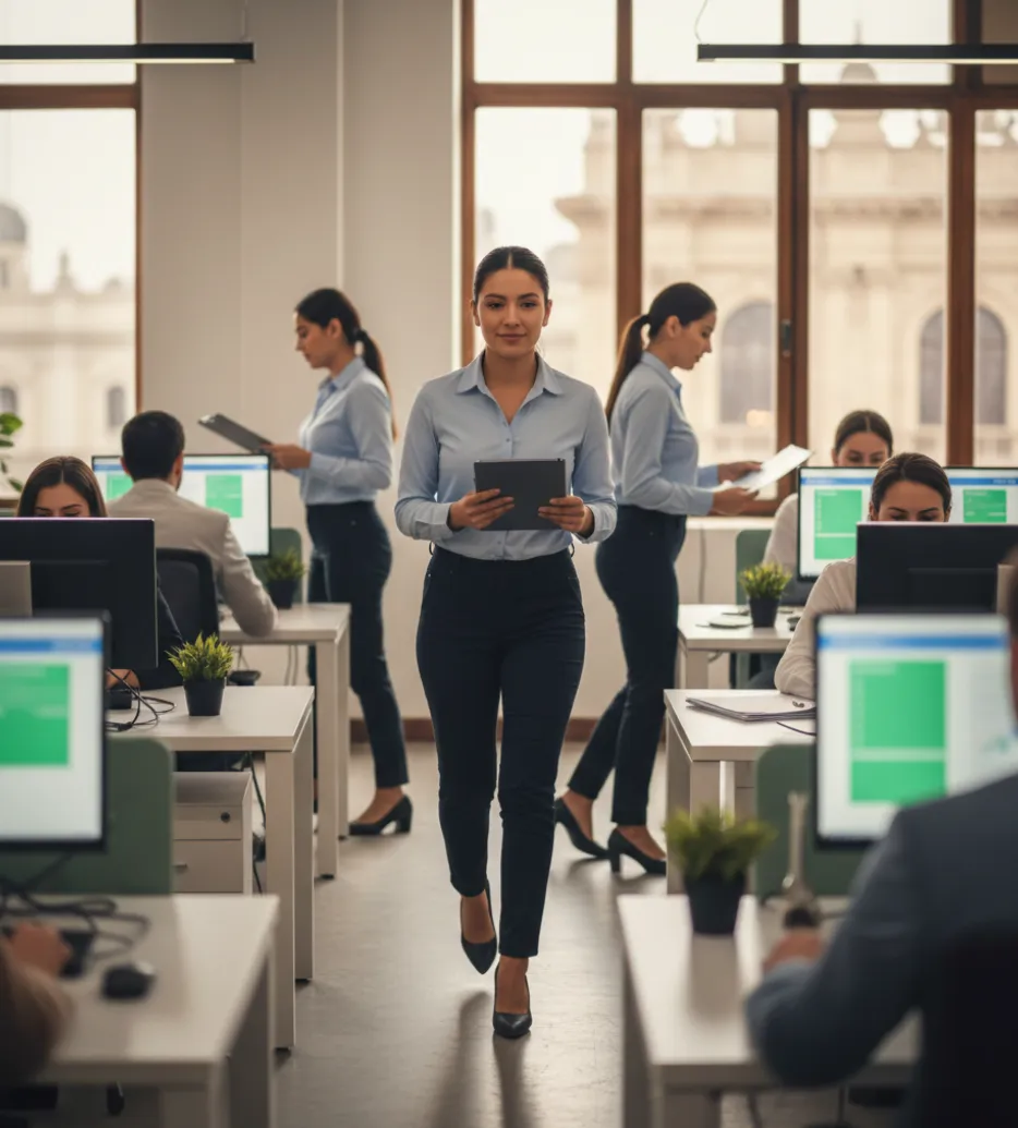 Equipo contable trabajando en oficina con sistemas digitales