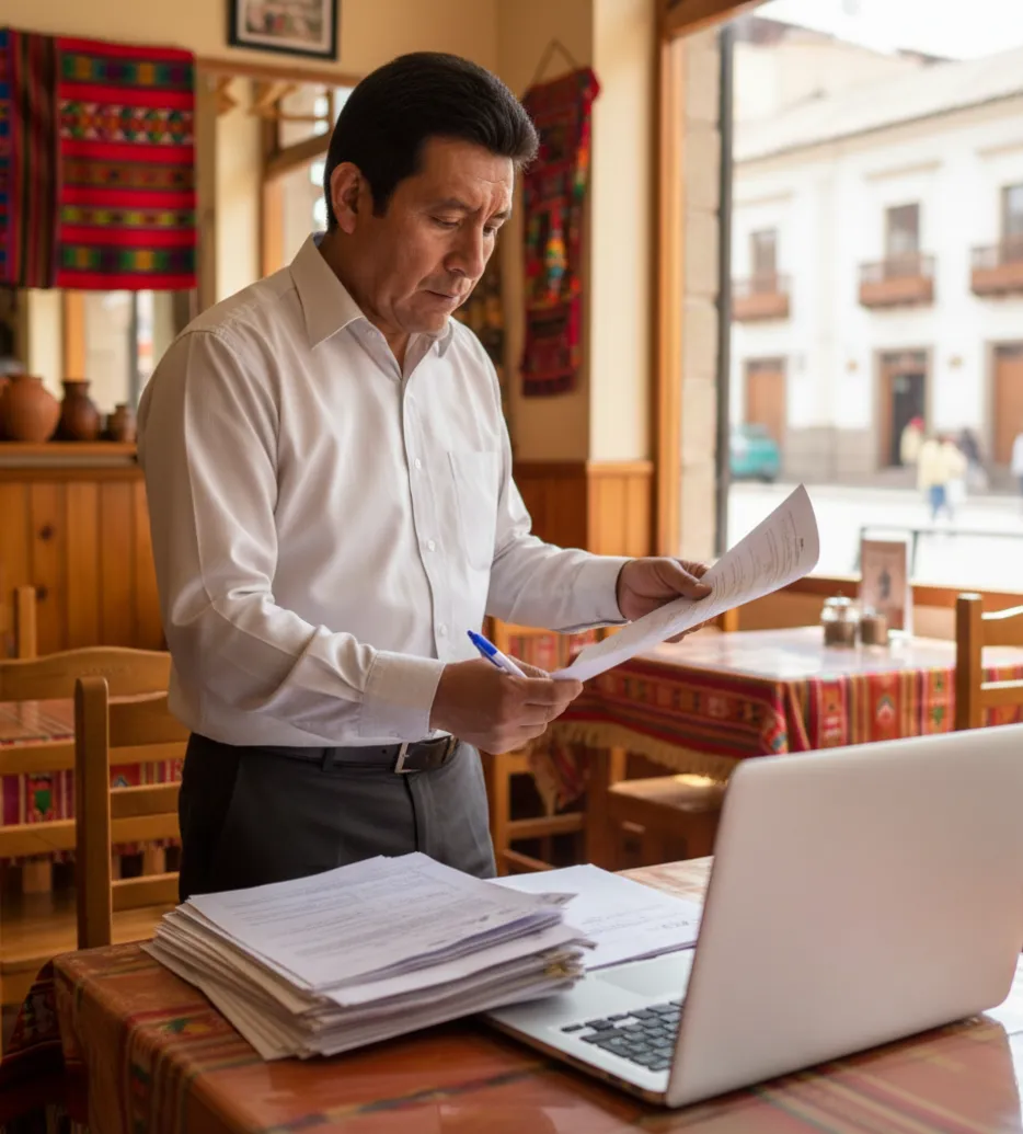 Administrador revisando tabla de tasas IGV en restaurante