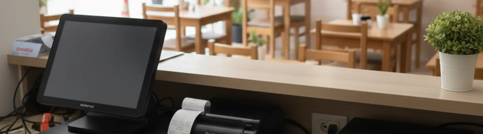 Sistema POS en mostrador de restaurante tranquilo