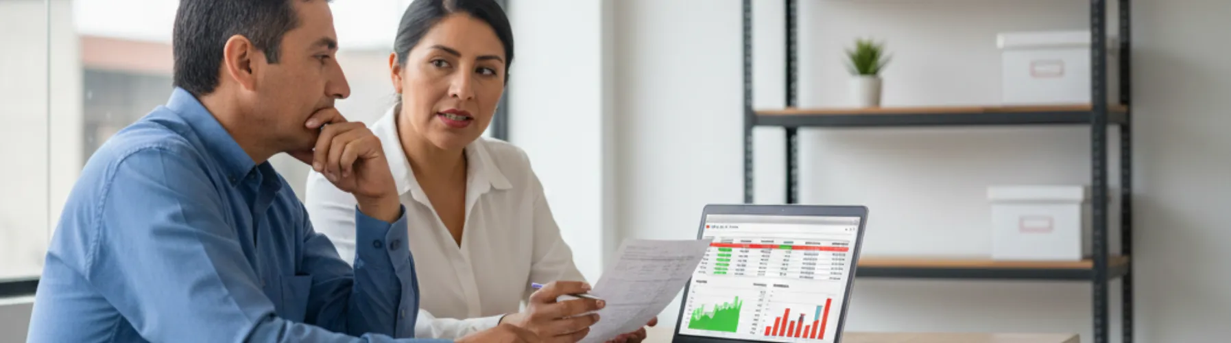 Equipo contable revisando documentos financieros impresos