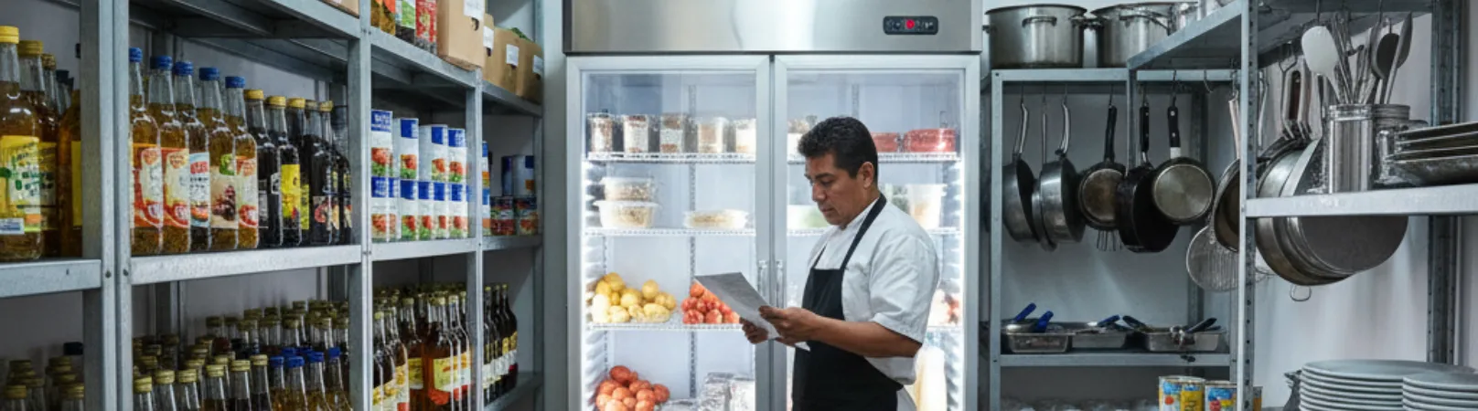 Organización de inventarios en restaurante con estantes ordenados