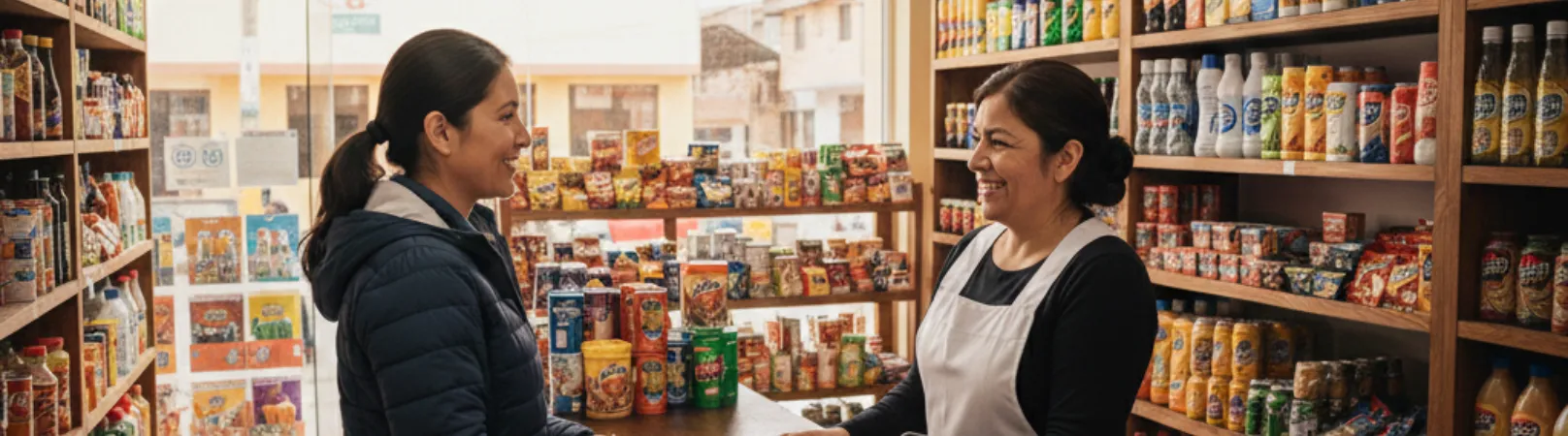 Comerciante atendiendo cliente en tienda con estantes llenos de productos