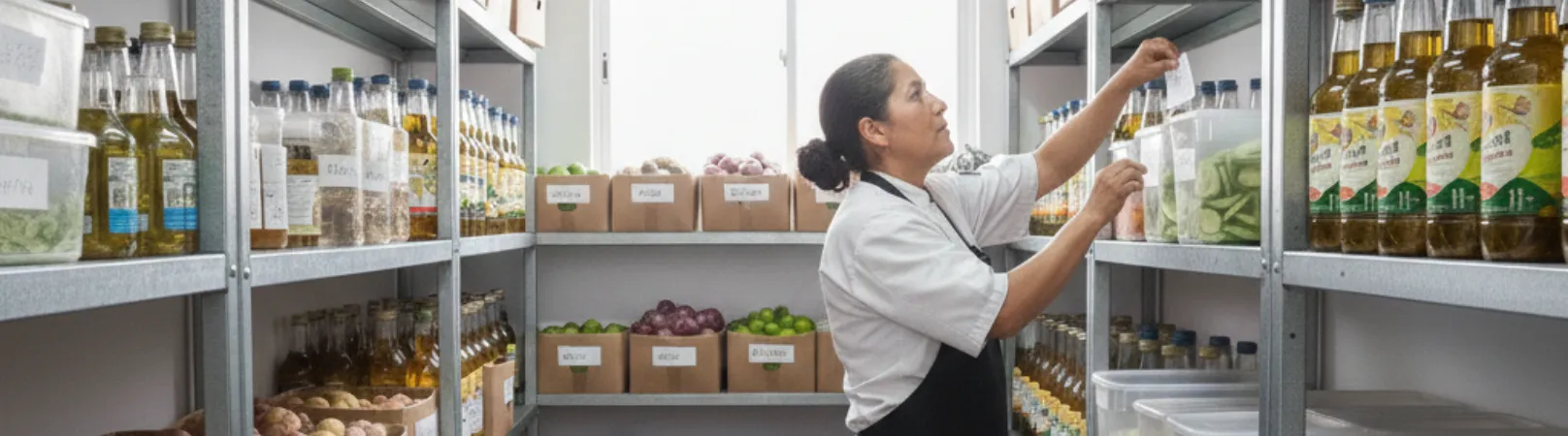 Estantes etiquetados con productos organizados en cocina