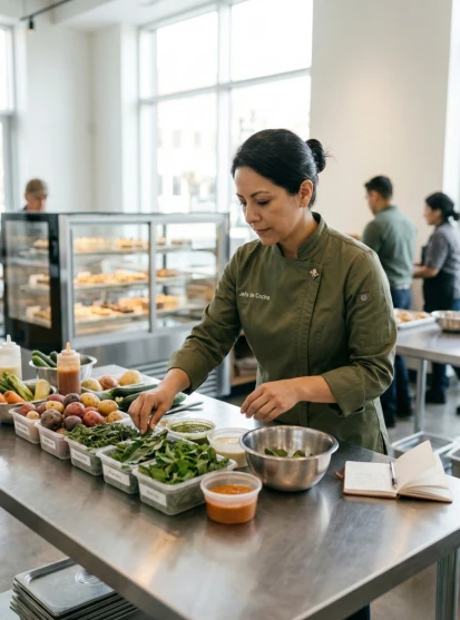 Jefa de cocina coordinando producción diaria